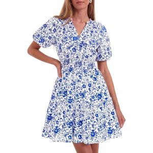 imageBTFBM Summer Mini Dresses for Women 2026 Ruffle Short Sleeve Elastic Waist Floral Beach Vacation Wedding Guest DressWhite Blue Flower