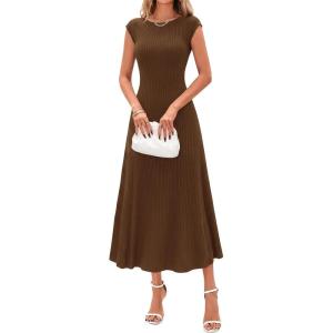imageBTFBM Womens Summer Dresses 2026 Asymmetrical Neck Short Sleeve Pleated Knit Spring Sweater Midi Dress Business CasualBrown