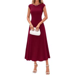 imageBTFBM Womens Summer Dresses 2026 Asymmetrical Neck Short Sleeve Pleated Knit Spring Sweater Midi Dress Business CasualBurgundy