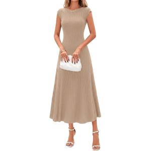 imageBTFBM Womens Summer Dresses 2026 Asymmetrical Neck Short Sleeve Pleated Knit Spring Sweater Midi Dress Business CasualKhaki