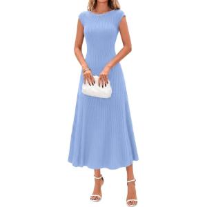 imageBTFBM Womens Summer Dresses 2026 Asymmetrical Neck Short Sleeve Pleated Knit Spring Sweater Midi Dress Business CasualLight Blue