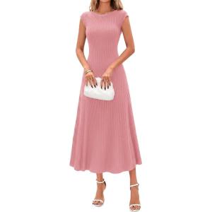 imageBTFBM Womens Summer Dresses 2026 Asymmetrical Neck Short Sleeve Pleated Knit Spring Sweater Midi Dress Business CasualPink