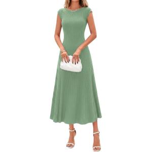 imageBTFBM Womens Summer Dresses 2026 Asymmetrical Neck Short Sleeve Pleated Knit Spring Sweater Midi Dress Business CasualSage Green