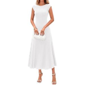 imageBTFBM Womens Summer Dresses 2026 Asymmetrical Neck Short Sleeve Pleated Knit Spring Sweater Midi Dress Business CasualWhite