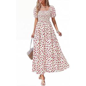 imageBTFBM Summer Maxi Dresses for Women Wedding Guest Spring Floral Boho Short Sleeve Smocked Beach Graduation Dress 2026Floral Apricot Rose Red