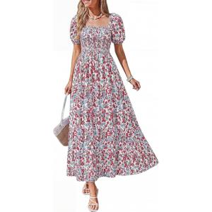 imageBTFBM Summer Maxi Dresses for Women Wedding Guest Spring Floral Boho Short Sleeve Smocked Beach Graduation Dress 2026Floral Beige Multi
