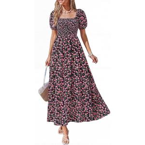 imageBTFBM Summer Maxi Dresses for Women Wedding Guest Spring Floral Boho Short Sleeve Smocked Beach Graduation Dress 2026Floral Black Pink