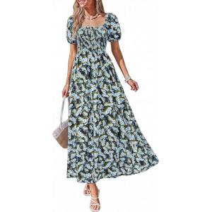 imageBTFBM Summer Maxi Dresses for Women Wedding Guest Spring Floral Boho Short Sleeve Smocked Beach Graduation Dress 2026Floral Blue Yellow