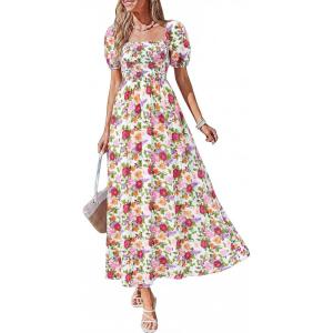 imageBTFBM Summer Maxi Dresses for Women Wedding Guest Spring Floral Boho Short Sleeve Smocked Beach Graduation Dress 2026Floral White Multi