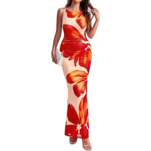 imageBTFBM Women Floral Cocktail Wedding Guest Dress Summer Spring 2026 Twist Strap Bodycon Mesh Beach Vacation Maxi DressesFloral Orange Pink Red