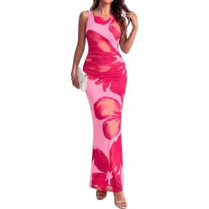 imageBTFBM Women Floral Cocktail Wedding Guest Dress Summer Spring 2026 Twist Strap Bodycon Mesh Beach Vacation Maxi DressesFloral Pink Rose Red