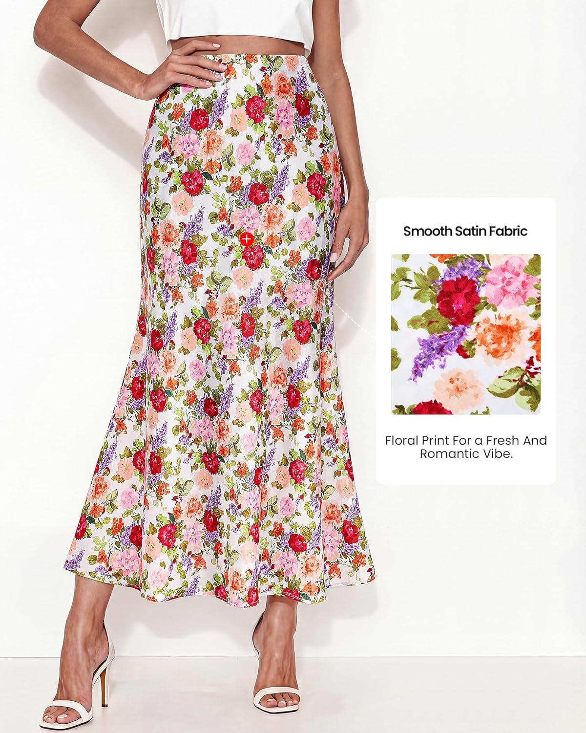 imageBTFBM Midi Skirts for Women 2026 Summer Spring Lightweight A Line High Waisted Wedding Guest Party Silk Long SkirtFloral White Multicolored