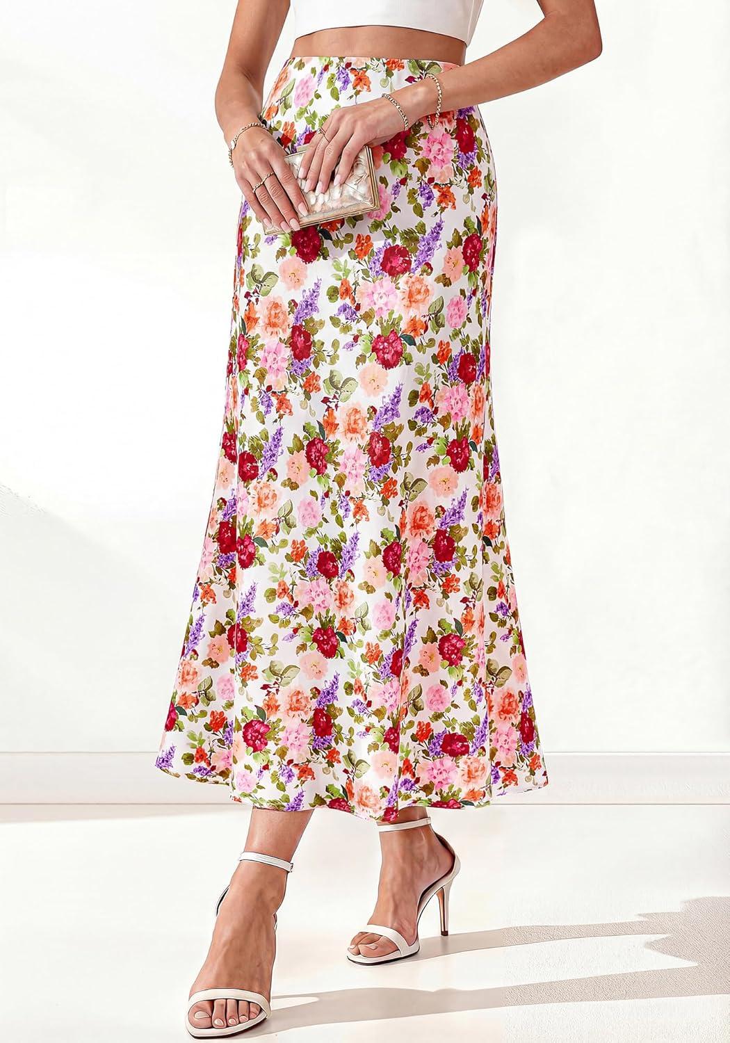 imageBTFBM Midi Skirts for Women 2026 Summer Spring Lightweight A Line High Waisted Wedding Guest Party Silk Long SkirtFloral White Multicolored