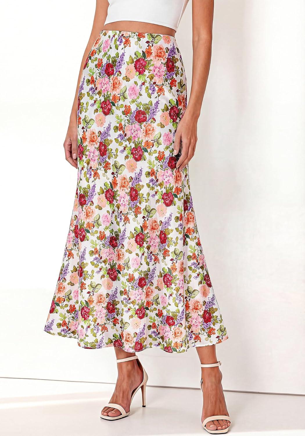 imageBTFBM Midi Skirts for Women 2026 Summer Spring Lightweight A Line High Waisted Wedding Guest Party Silk Long SkirtFloral White Multicolored