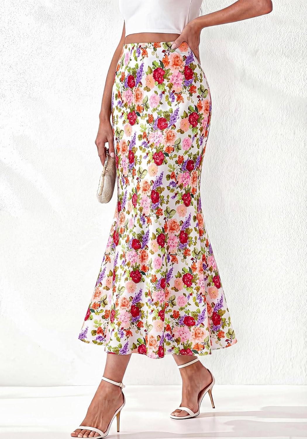 imageBTFBM Midi Skirts for Women 2026 Summer Spring Lightweight A Line High Waisted Wedding Guest Party Silk Long SkirtFloral White Multicolored