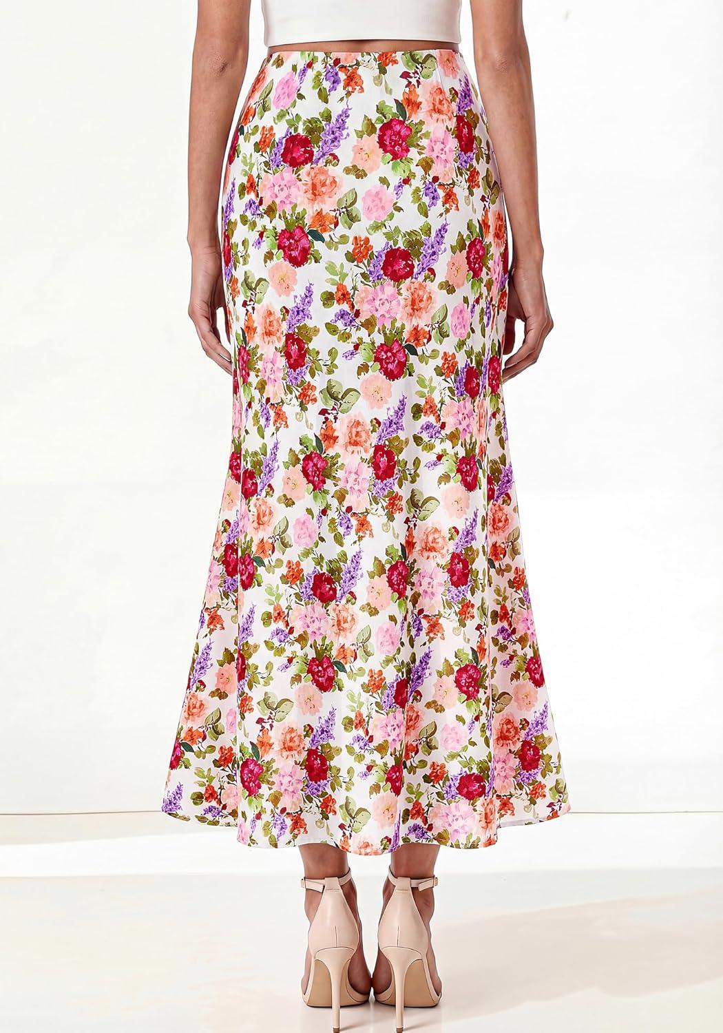 imageBTFBM Midi Skirts for Women 2026 Summer Spring Lightweight A Line High Waisted Wedding Guest Party Silk Long SkirtFloral White Multicolored
