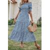 imageBTFBM Women Casual Summer Dresses 2026 Spring Crew Neck Ruffle Short Sleeve Smocked Floral Boho Flowy Maxi Dress ClothesFloral Blue White