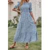 imageBTFBM Women Casual Summer Dresses 2026 Spring Crew Neck Ruffle Short Sleeve Smocked Floral Boho Flowy Maxi Dress ClothesFloral Blue White