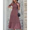 imageBTFBM Women Casual Summer Dresses 2026 Spring Crew Neck Ruffle Short Sleeve Smocked Floral Boho Flowy Maxi Dress ClothesFloral Wine Red White