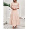 imageBTFBM Women Casual Summer Dresses 2026 Spring Crew Neck Ruffle Short Sleeve Smocked Floral Boho Flowy Maxi Dress ClothesSolid Beige