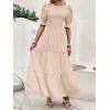 imageBTFBM Women Casual Summer Dresses 2026 Spring Crew Neck Ruffle Short Sleeve Smocked Floral Boho Flowy Maxi Dress ClothesSolid Beige