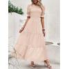 imageBTFBM Women Casual Summer Dresses 2026 Spring Crew Neck Ruffle Short Sleeve Smocked Floral Boho Flowy Maxi Dress ClothesSolid Beige