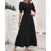imageBTFBM Women Casual Summer Dresses 2026 Spring Crew Neck Ruffle Short Sleeve Smocked Floral Boho Flowy Maxi Dress ClothesSolid Black