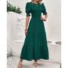 imageBTFBM Women Casual Summer Dresses 2026 Spring Crew Neck Ruffle Short Sleeve Smocked Floral Boho Flowy Maxi Dress ClothesSolid Dark Green