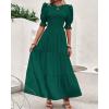 imageBTFBM Women Casual Summer Dresses 2026 Spring Crew Neck Ruffle Short Sleeve Smocked Floral Boho Flowy Maxi Dress ClothesSolid Dark Green