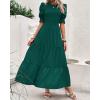 imageBTFBM Women Casual Summer Dresses 2026 Spring Crew Neck Ruffle Short Sleeve Smocked Floral Boho Flowy Maxi Dress ClothesSolid Dark Green