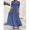 imageBTFBM Women Casual Summer Dresses 2026 Spring Crew Neck Ruffle Short Sleeve Smocked Floral Boho Flowy Maxi Dress ClothesSolid Grey Blue