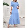 imageBTFBM Women Casual Summer Dresses 2026 Spring Crew Neck Ruffle Short Sleeve Smocked Floral Boho Flowy Maxi Dress ClothesSolid Light Blue