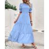 imageBTFBM Women Casual Summer Dresses 2026 Spring Crew Neck Ruffle Short Sleeve Smocked Floral Boho Flowy Maxi Dress ClothesSolid Light Blue
