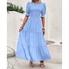 imageBTFBM Women Casual Summer Dresses 2026 Spring Crew Neck Ruffle Short Sleeve Smocked Floral Boho Flowy Maxi Dress ClothesSolid Light Blue
