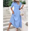 imageBTFBM Women Casual Summer Dresses 2026 Spring Crew Neck Ruffle Short Sleeve Smocked Floral Boho Flowy Maxi Dress ClothesSolid Light Blue