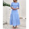 imageBTFBM Women Casual Summer Dresses 2026 Spring Crew Neck Ruffle Short Sleeve Smocked Floral Boho Flowy Maxi Dress ClothesSolid Light Blue