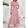 imageBTFBM Women Casual Summer Dresses 2026 Spring Crew Neck Ruffle Short Sleeve Smocked Floral Boho Flowy Maxi Dress ClothesSolid Light Pink