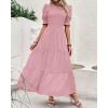 imageBTFBM Women Casual Summer Dresses 2026 Spring Crew Neck Ruffle Short Sleeve Smocked Floral Boho Flowy Maxi Dress ClothesSolid Light Pink