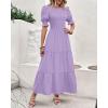 imageBTFBM Women Casual Summer Dresses 2026 Spring Crew Neck Ruffle Short Sleeve Smocked Floral Boho Flowy Maxi Dress ClothesSolid Purple