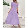 imageBTFBM Women Casual Summer Dresses 2026 Spring Crew Neck Ruffle Short Sleeve Smocked Floral Boho Flowy Maxi Dress ClothesSolid Purple