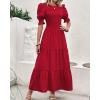 imageBTFBM Women Casual Summer Dresses 2026 Spring Crew Neck Ruffle Short Sleeve Smocked Floral Boho Flowy Maxi Dress ClothesSolid Red