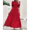 imageBTFBM Women Casual Summer Dresses 2026 Spring Crew Neck Ruffle Short Sleeve Smocked Floral Boho Flowy Maxi Dress ClothesSolid Red