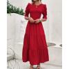 imageBTFBM Women Casual Summer Dresses 2026 Spring Crew Neck Ruffle Short Sleeve Smocked Floral Boho Flowy Maxi Dress ClothesSolid Red