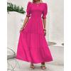 imageBTFBM Women Casual Summer Dresses 2026 Spring Crew Neck Ruffle Short Sleeve Smocked Floral Boho Flowy Maxi Dress ClothesSolid Rose Red
