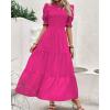 imageBTFBM Women Casual Summer Dresses 2026 Spring Crew Neck Ruffle Short Sleeve Smocked Floral Boho Flowy Maxi Dress ClothesSolid Rose Red