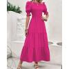 imageBTFBM Women Casual Summer Dresses 2026 Spring Crew Neck Ruffle Short Sleeve Smocked Floral Boho Flowy Maxi Dress ClothesSolid Rose Red