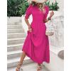 imageBTFBM Women Casual Summer Dresses 2026 Spring Crew Neck Ruffle Short Sleeve Smocked Floral Boho Flowy Maxi Dress ClothesSolid Rose Red