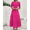 imageBTFBM Women Casual Summer Dresses 2026 Spring Crew Neck Ruffle Short Sleeve Smocked Floral Boho Flowy Maxi Dress ClothesSolid Rose Red