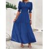 imageBTFBM Women Casual Summer Dresses 2026 Spring Crew Neck Ruffle Short Sleeve Smocked Floral Boho Flowy Maxi Dress ClothesSolid Royal Blue
