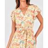 imageBTFBM Women Summer Bohemian Floral Casual Wrap V Neck Ruffle Cap Sleeveless Belt ALine Pleated Hem Midi Sun Dress WhiteWhite Big Flower
